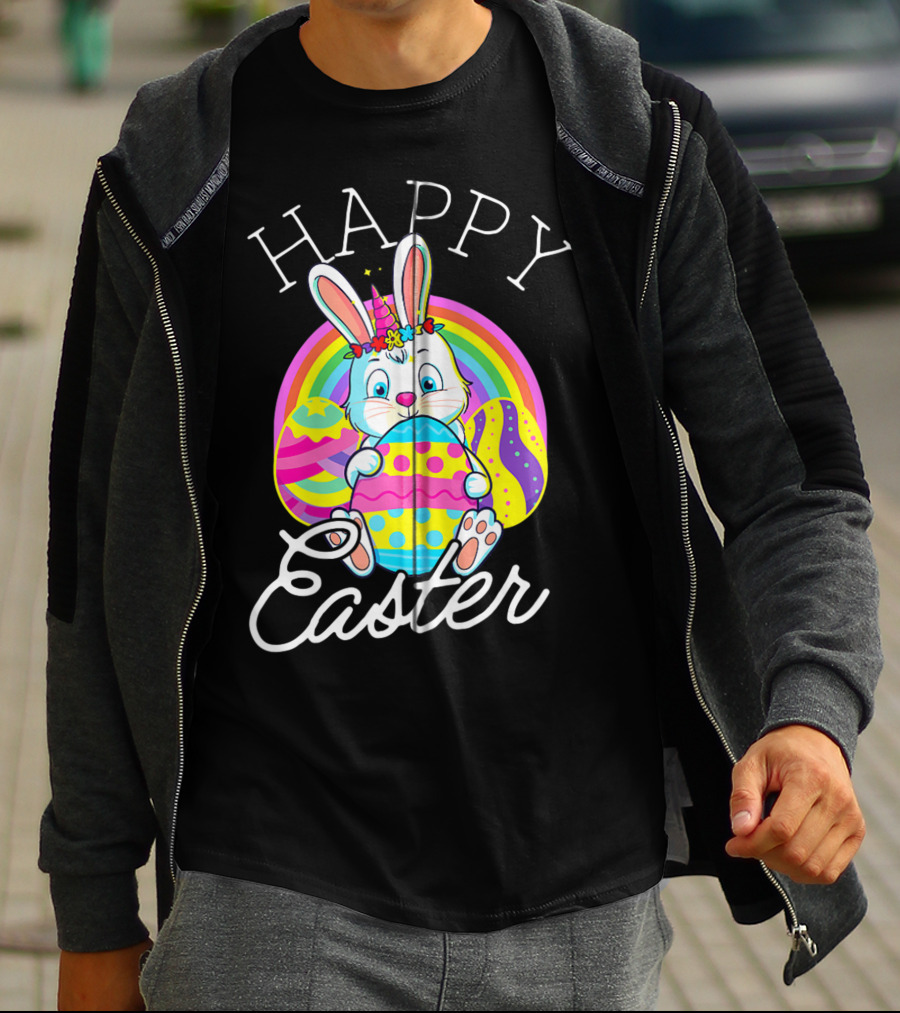 Happy Easter Unicorn Bunny Rabbit Eggs Rainbow Cute Kids Girls Women T-Shirt