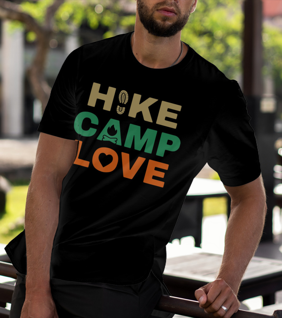 Hike Camp Love Boot Print Bonfire Heart Camping Hiking T-Shirt