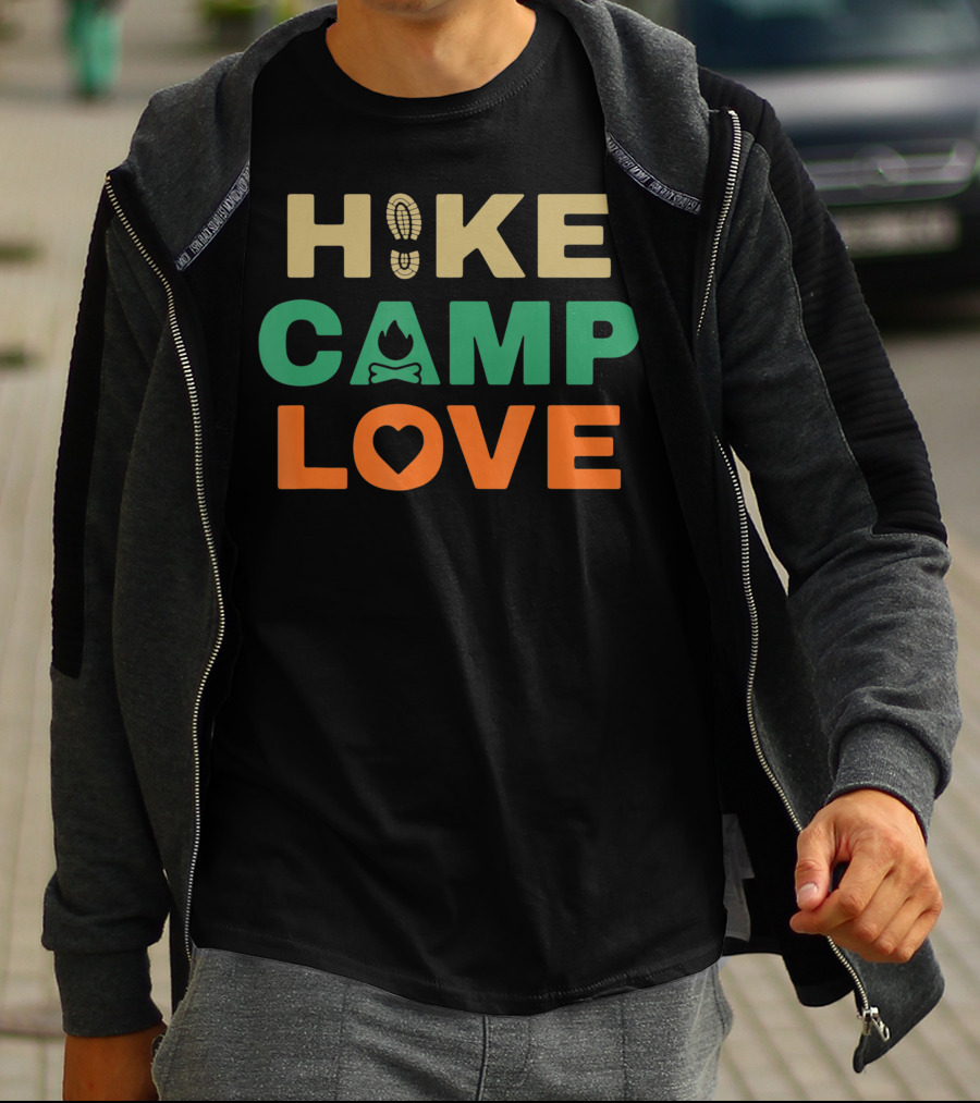 Hike Camp Love Boot Print Bonfire Heart Camping Hiking T-Shirt