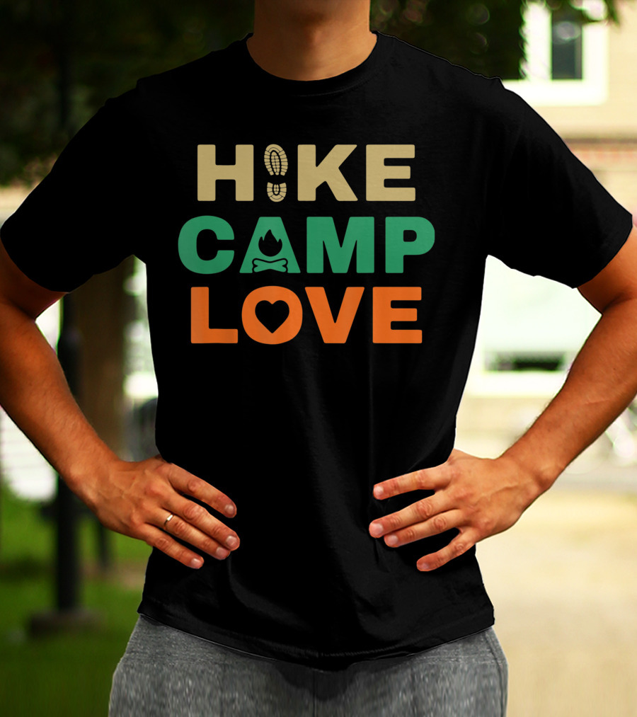 Hike Camp Love Boot Print Bonfire Heart Camping Hiking T-Shirt