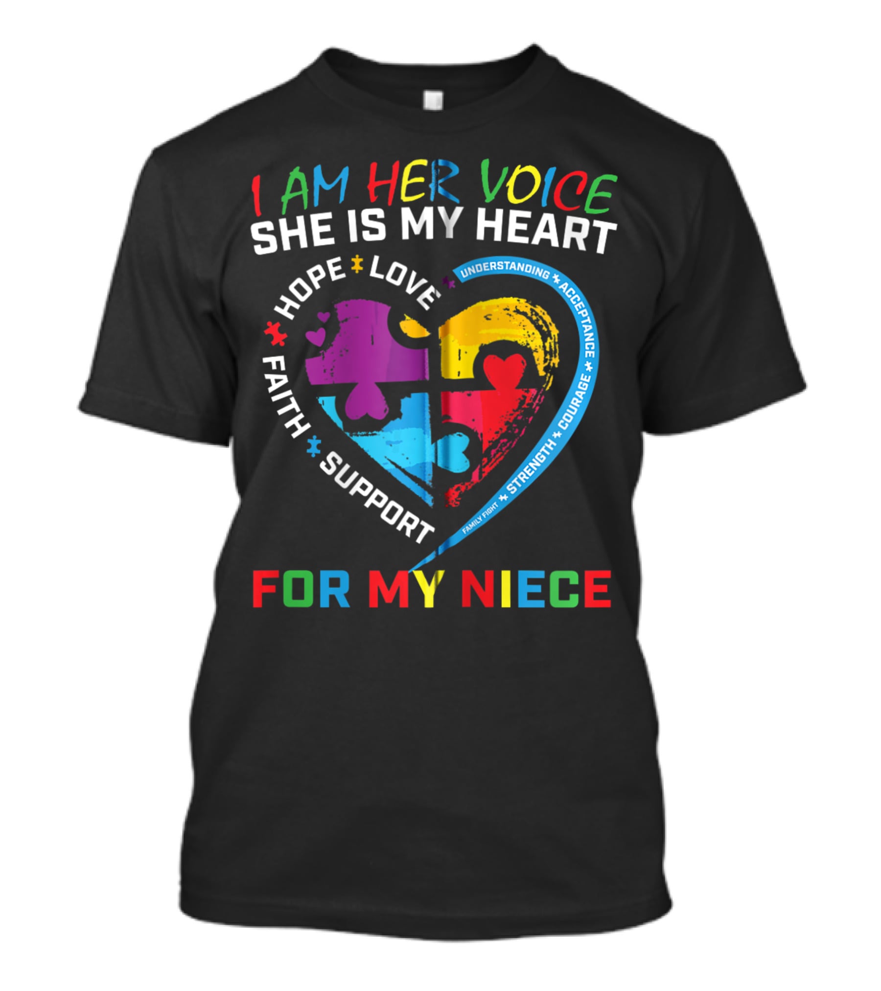 I Am Her Voice She Is My Heart Hope Love Faith Support Understanding Acceptance Courage For My Niece Autism Awareness T-Shirt