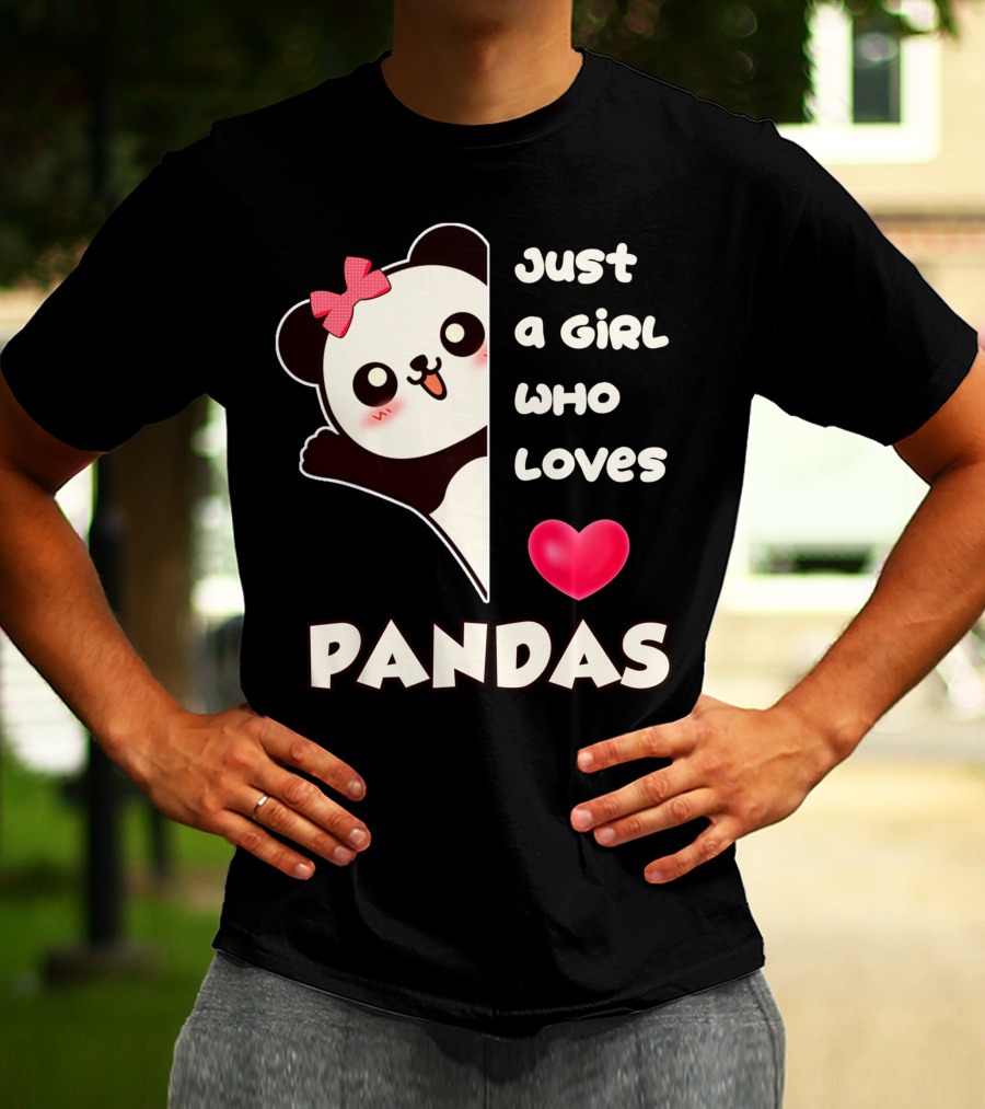 Just A Girl Who Loves Pandas Cute Kawaii Panda With Red Bow And Heart T-Shirt