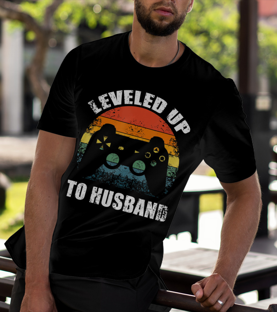 Leveled Up To Husband Retro Video Game Controller Wedding Announcement T-Shirt