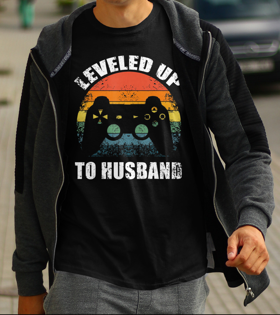 Leveled Up To Husband Retro Video Game Controller Wedding Announcement T-Shirt
