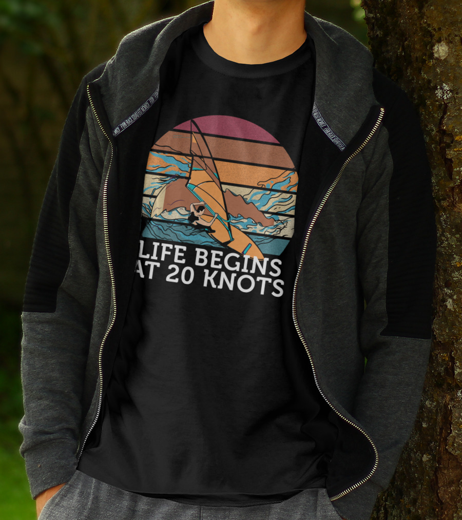 Life Begins At 20 Knots Vintage Sunset Beach Surfing Windsurfing Ocean Waves T-Shirt