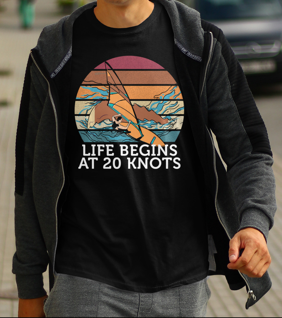 Life Begins At 20 Knots Vintage Sunset Beach Surfing Windsurfing Ocean Waves T-Shirt
