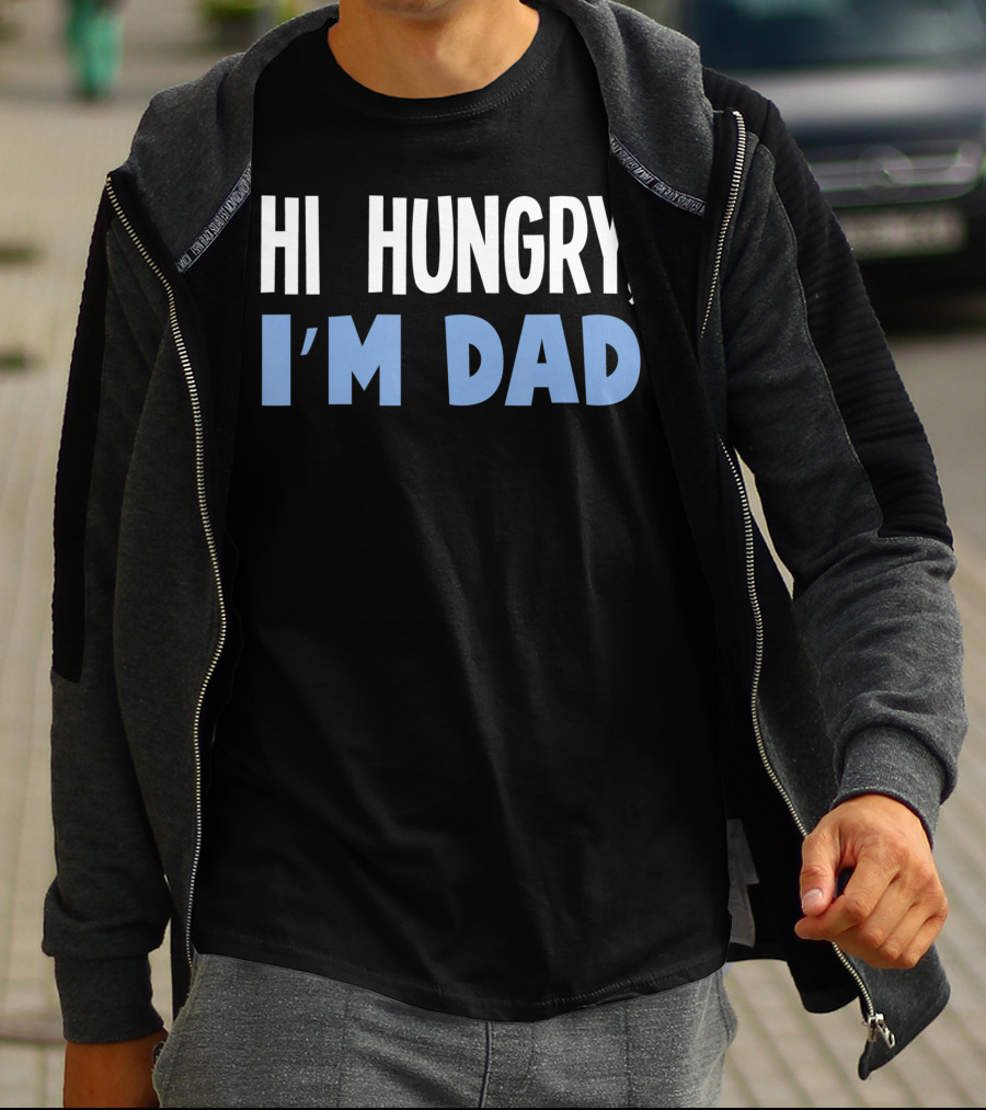 HI HUNGRY I'M DAD BLACK BACKGROUND WHITE BLUE TEXT T-Shirt