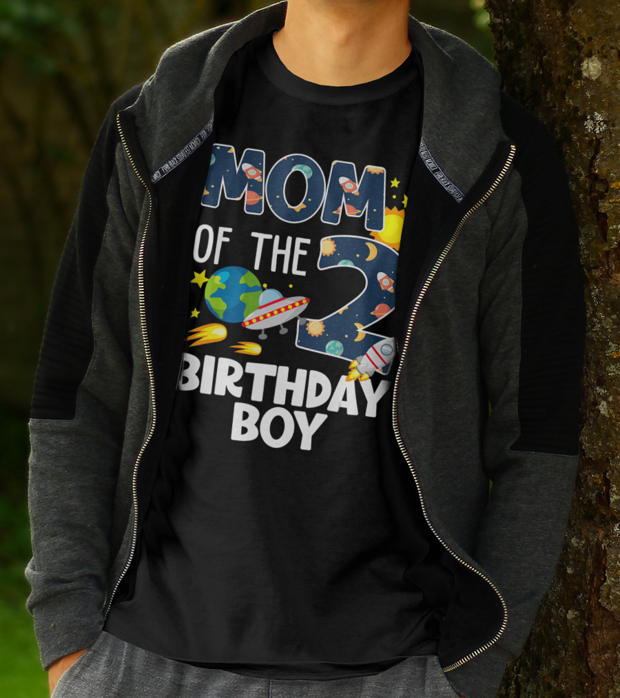 MOM OF THE 2 BIRTHDAY BOY ROCKET SPACE PLANETS UFO SUN STAR T-Shirt