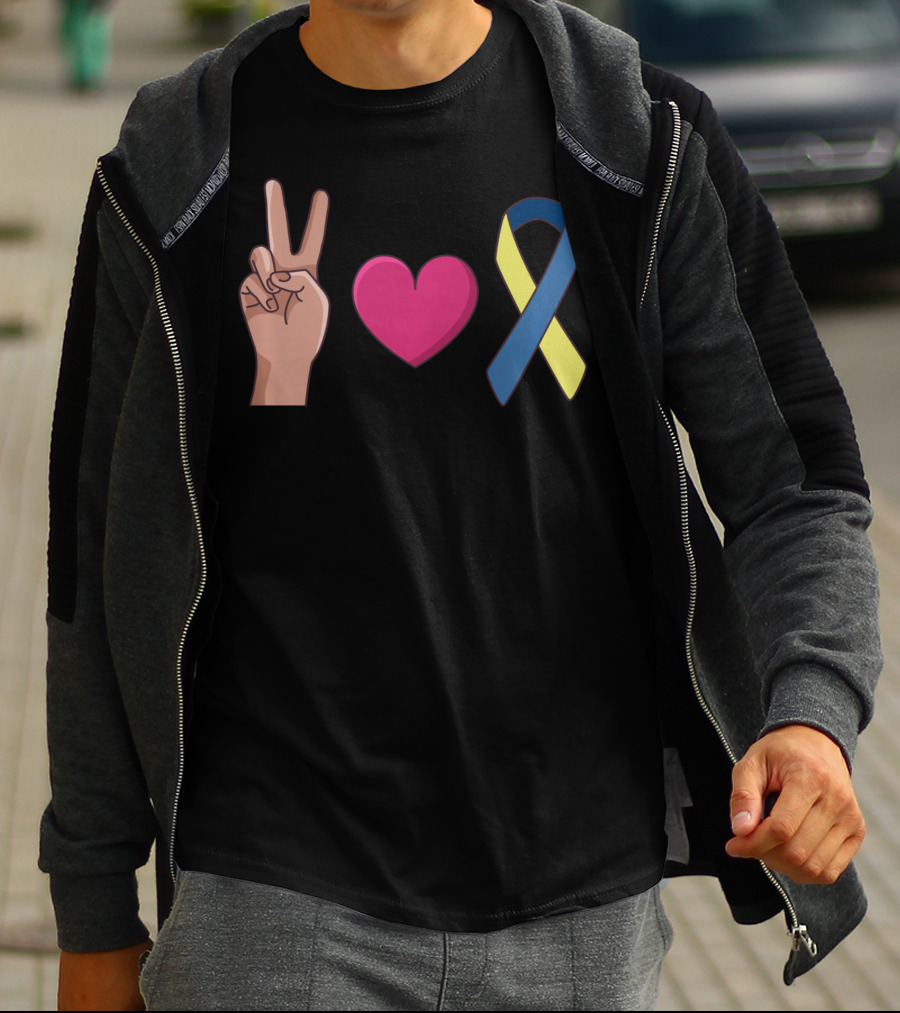 Peace Love Down Syndrome Awareness Blue Yellow T-Shirt