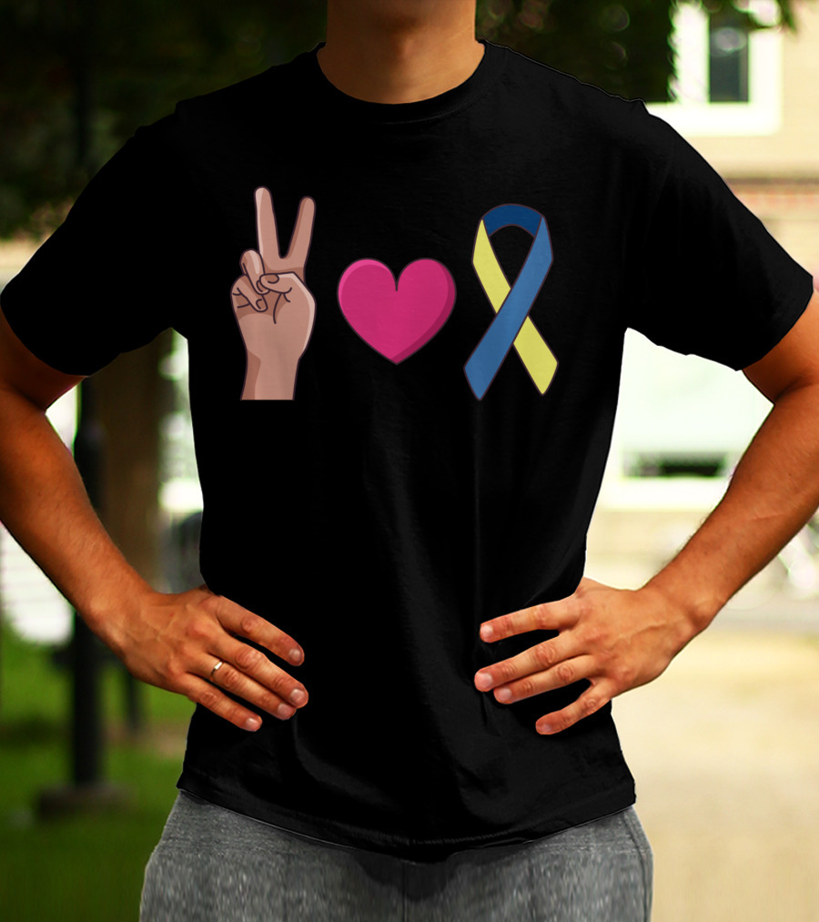 Peace Love Down Syndrome Awareness Blue Yellow T-Shirt