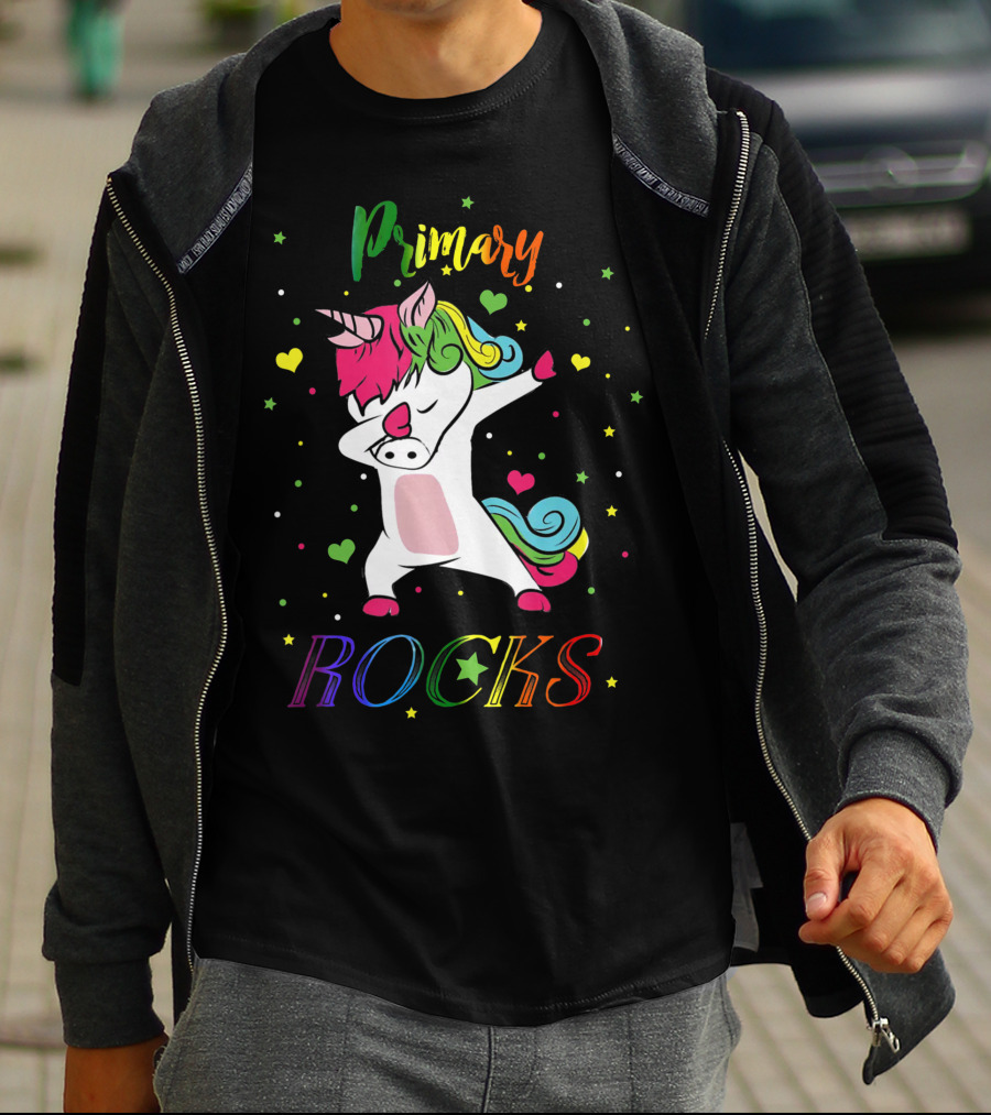 Primary Rocks Colorful Dabbing Unicorn With Hearts And Stars T-Shirt
