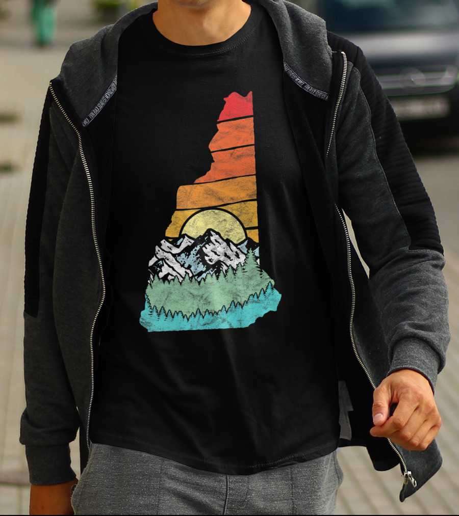 Retro New Hampshire State Outline With Mountains And Forest Sunset T-Shirt