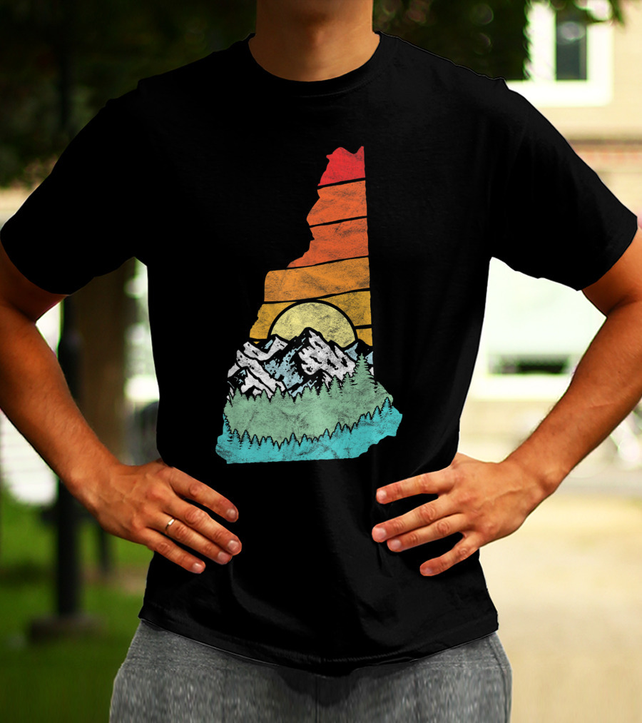Retro New Hampshire State Outline With Mountains And Forest Sunset T-Shirt