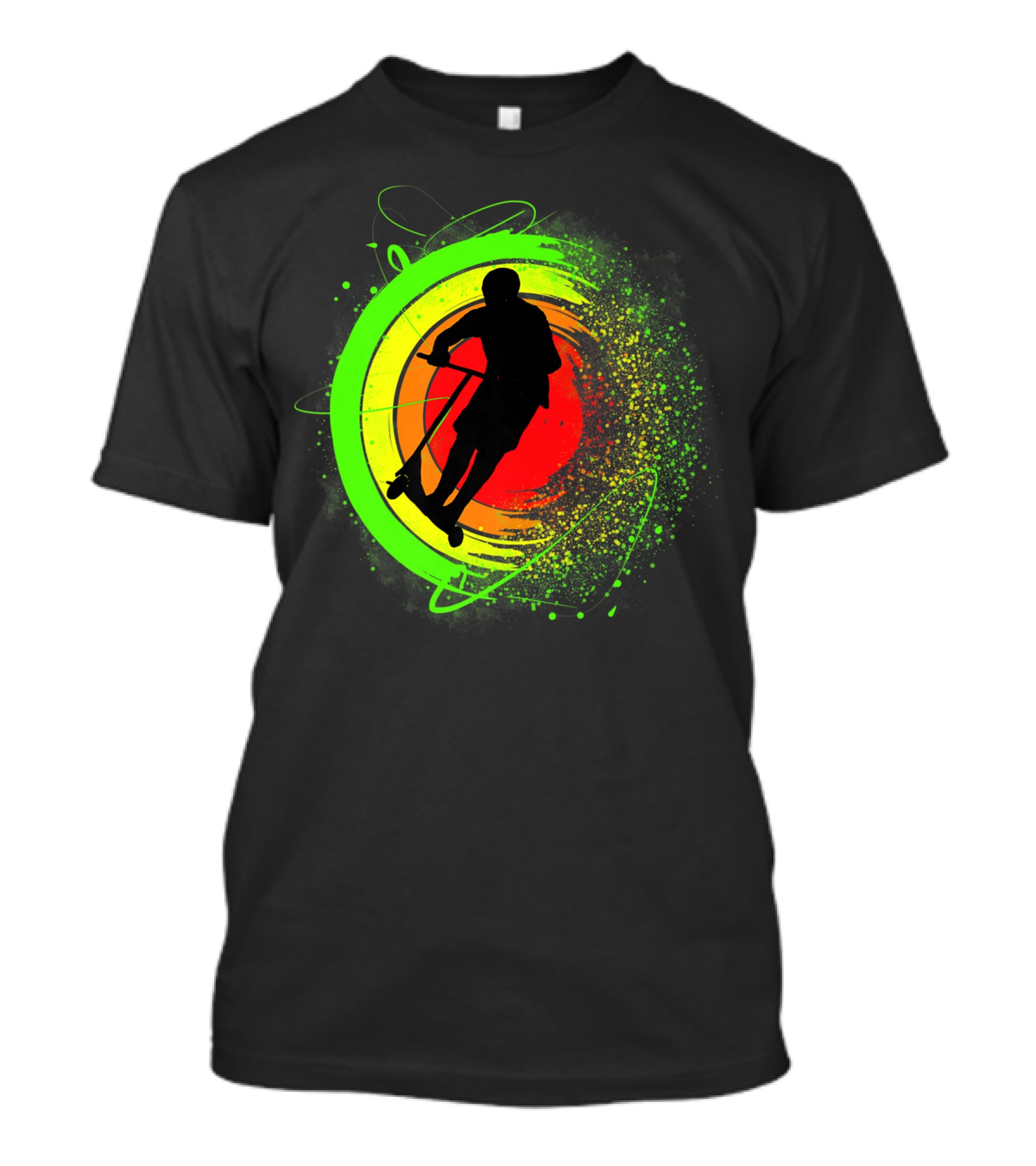 Scooter Stunt Action Silhouette In Vivid Circular Splash T-Shirt