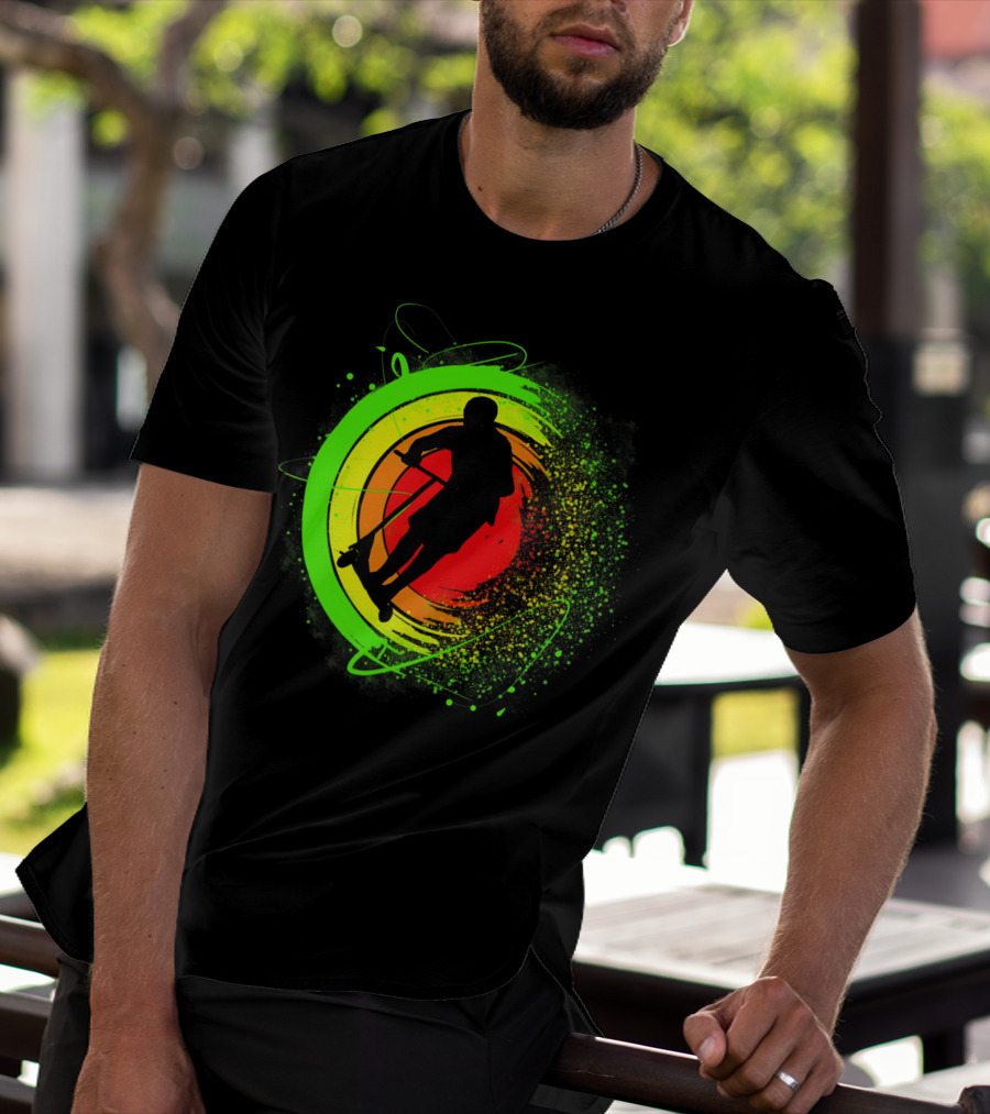 Scooter Stunt Action Silhouette In Vivid Circular Splash T-Shirt