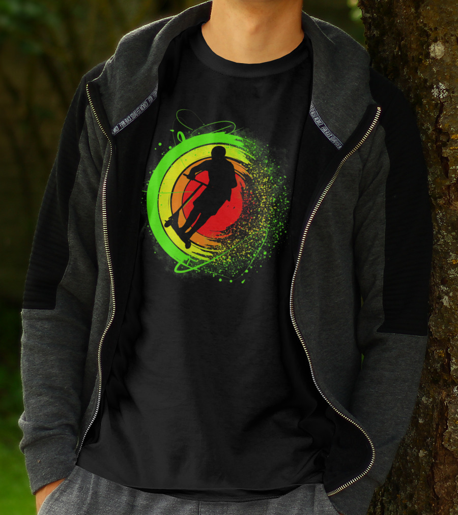 Scooter Stunt Action Silhouette In Vivid Circular Splash T-Shirt