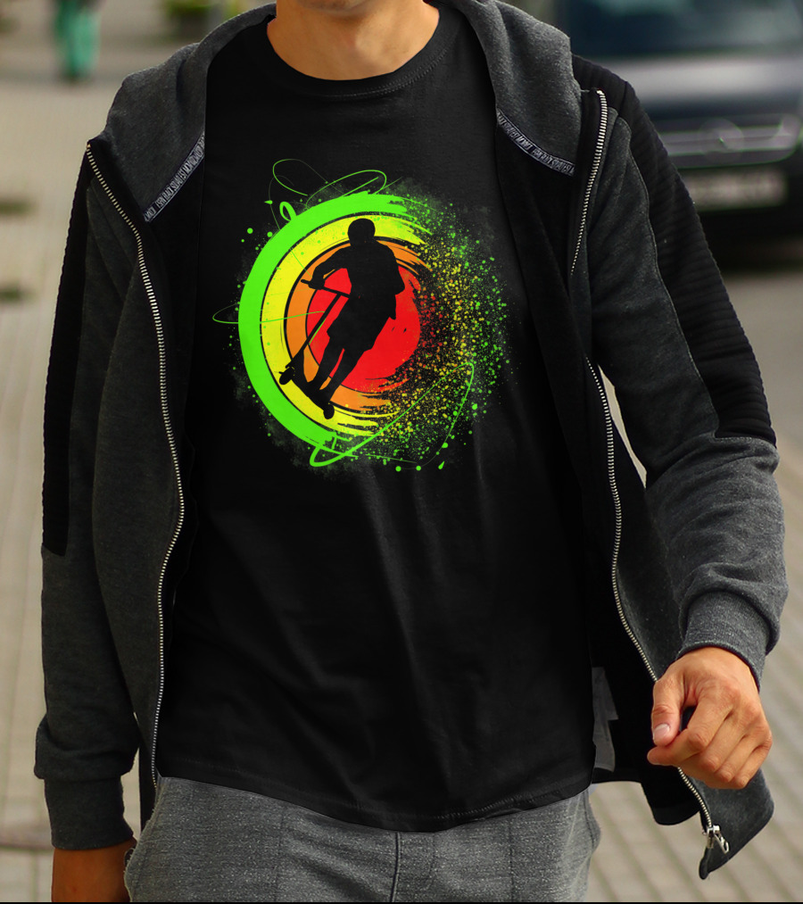 Scooter Stunt Action Silhouette In Vivid Circular Splash T-Shirt