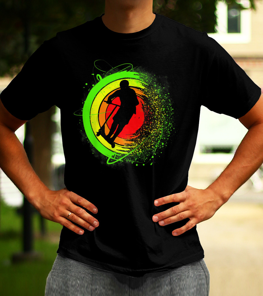 Scooter Stunt Action Silhouette In Vivid Circular Splash T-Shirt