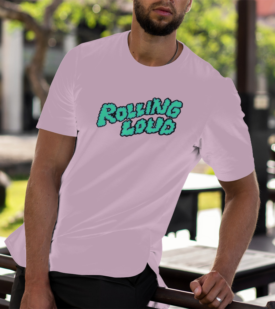 Rolling Loud Puffy Text Design On Pastel Pink Background T-Shirt