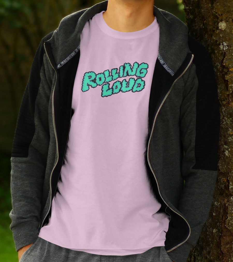 Rolling Loud Puffy Text Design On Pastel Pink Background T-Shirt