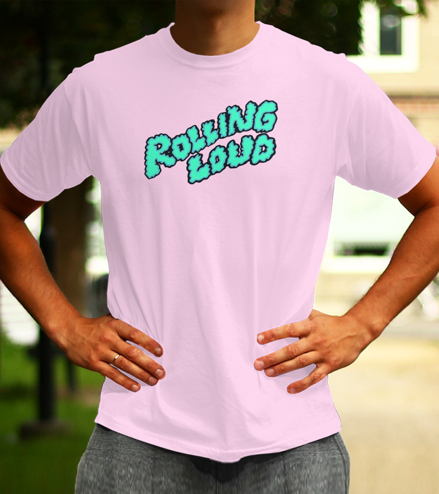 Rolling Loud Puffy Text Design On Pastel Pink Background T-Shirt