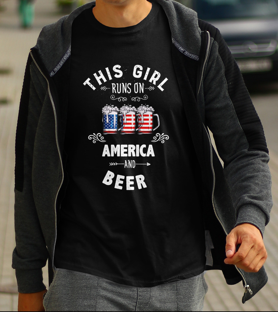 This Girl Runs On America And Beer American Flag Mug T-Shirt