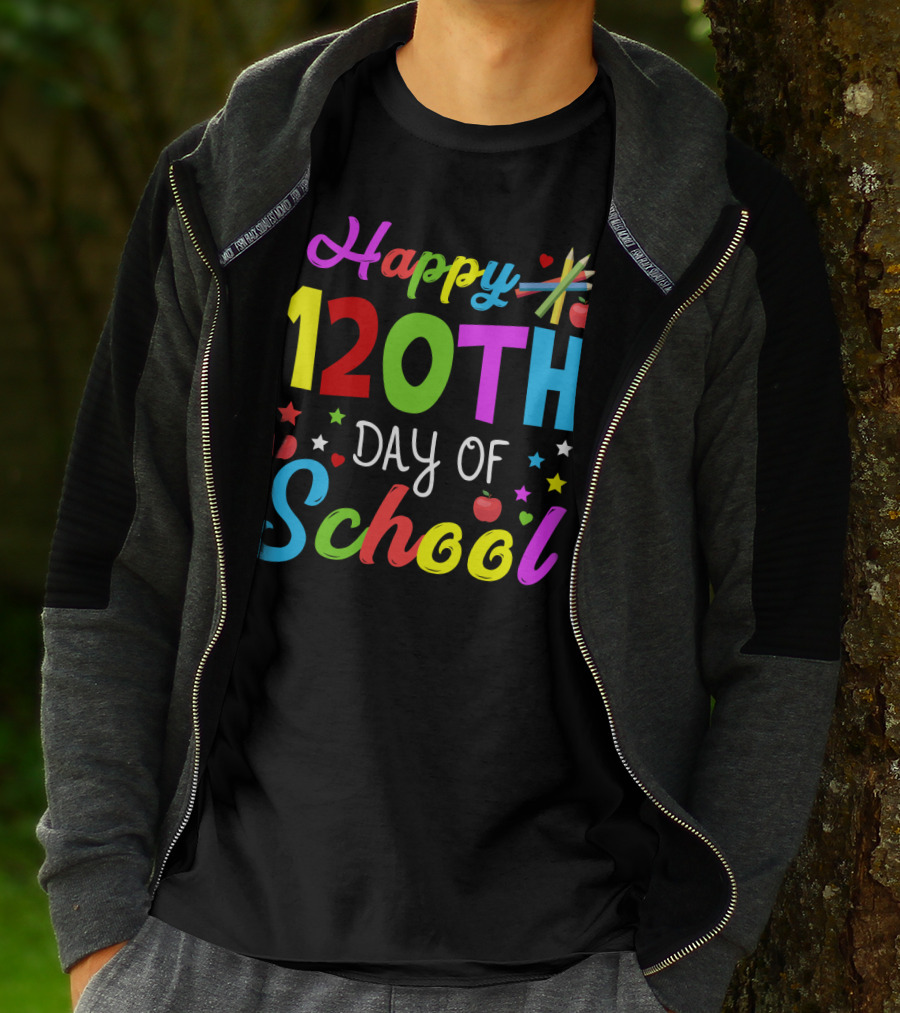 Happy 120th Day Of School Colorful Celebration With Stars And Apples T-Shirt