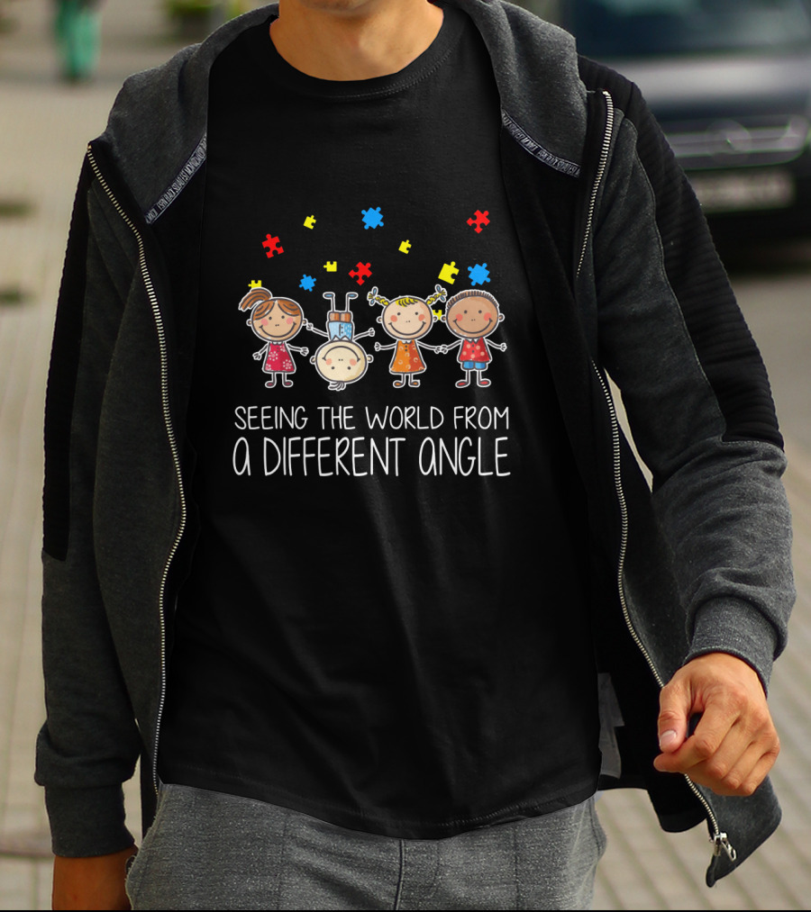 Seeing The World From A Different Angle Autism Puzzle Pieces Cartoon Kids T-Shirt