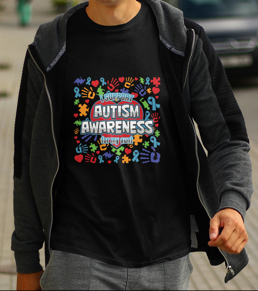 I Support Autism Awareness For My Aunt Colorful Puzzle Ribbon Hearts Hands T-Shirt