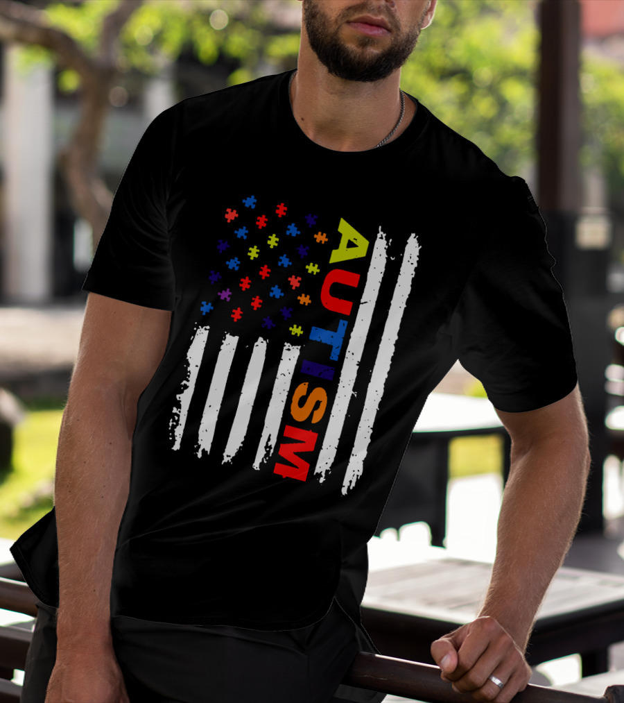 Autism Awareness Flag Design With Colorful Puzzle Pieces And Vertical Stripes T-Shirt