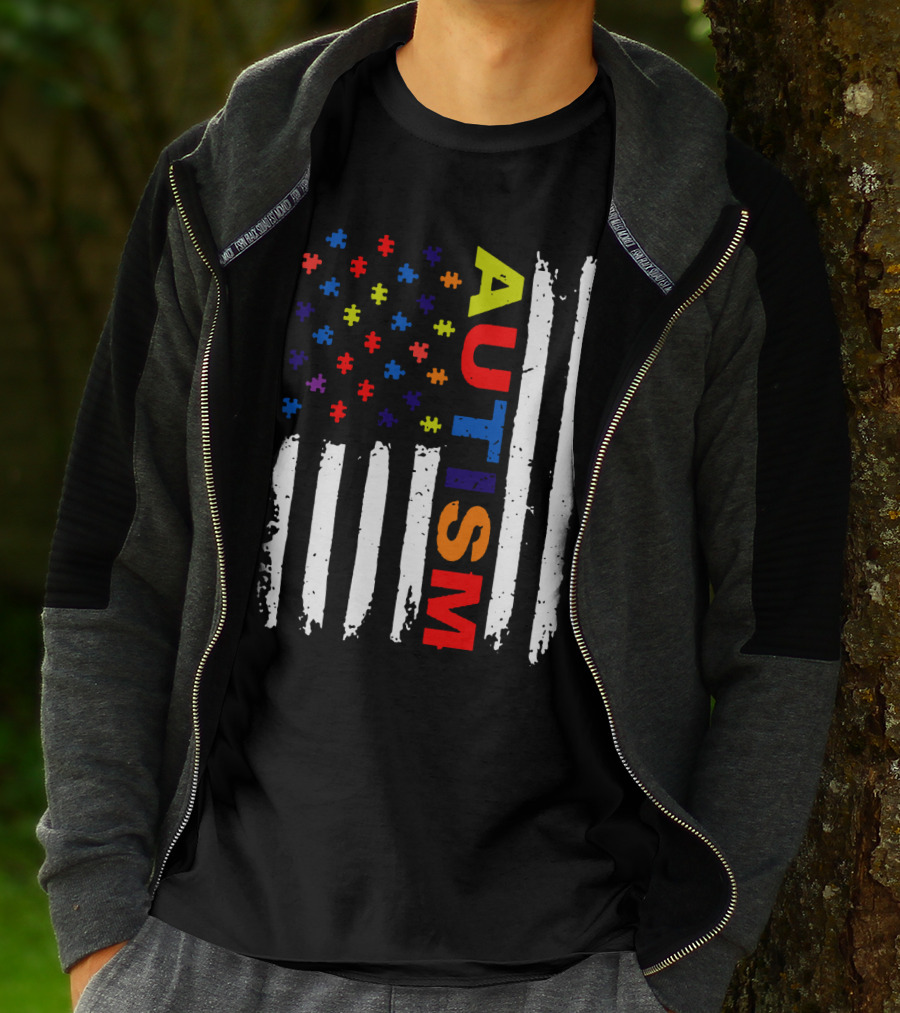 Autism Awareness Flag Design With Colorful Puzzle Pieces And Vertical Stripes T-Shirt
