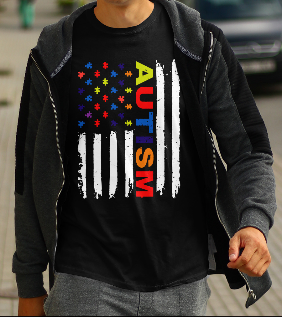 Autism Awareness Flag Design With Colorful Puzzle Pieces And Vertical Stripes T-Shirt