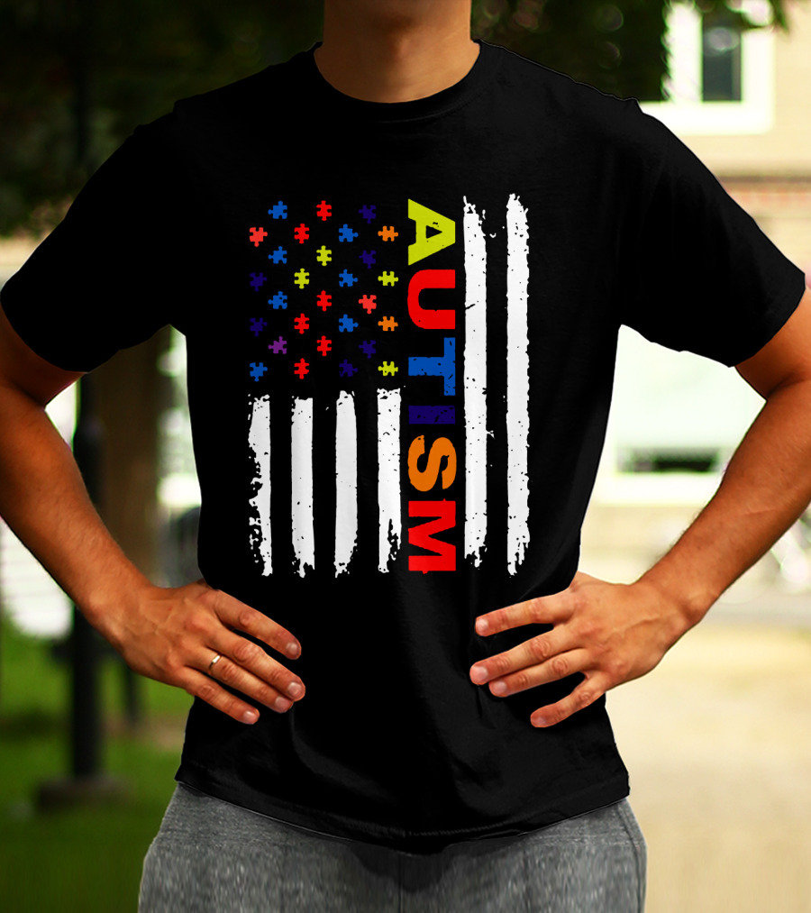 Autism Awareness Flag Design With Colorful Puzzle Pieces And Vertical Stripes T-Shirt