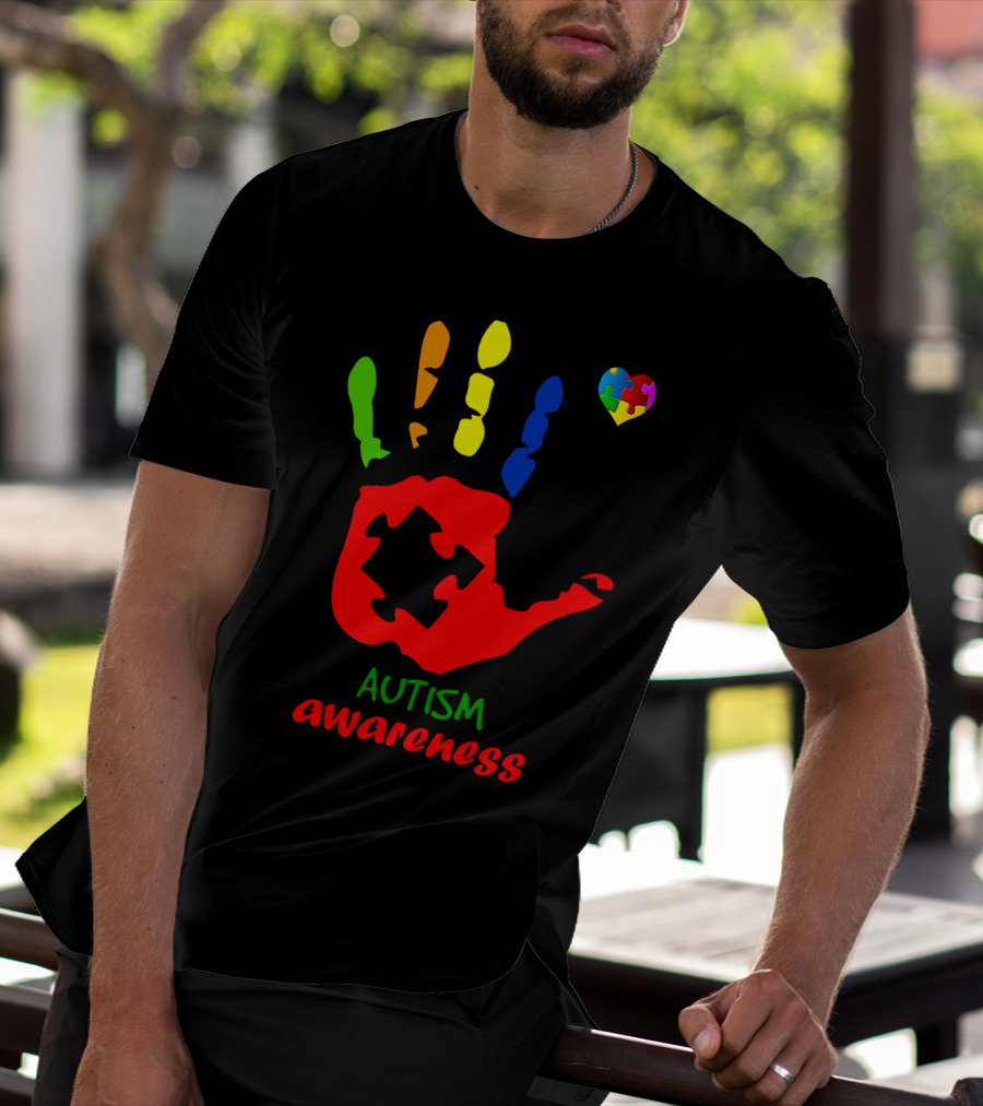 Autism Awareness Colorful Handprint With Puzzle Heart T-Shirt