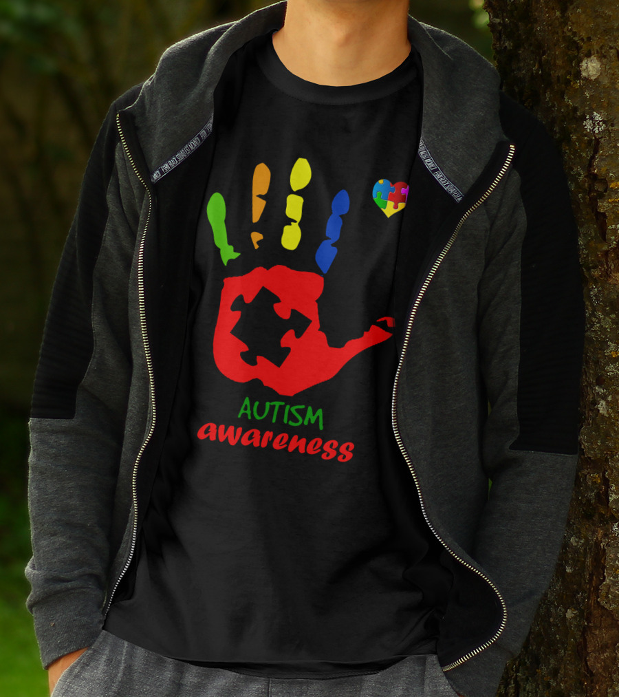 Autism Awareness Colorful Handprint With Puzzle Heart T-Shirt