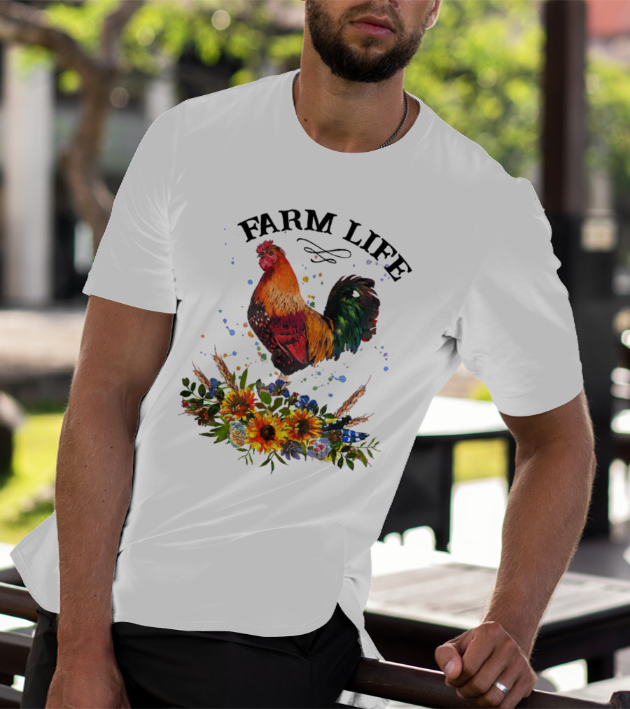 Farm Life Chicken Rooter With Colorful Rooster And Floral Arrangement T-Shirt