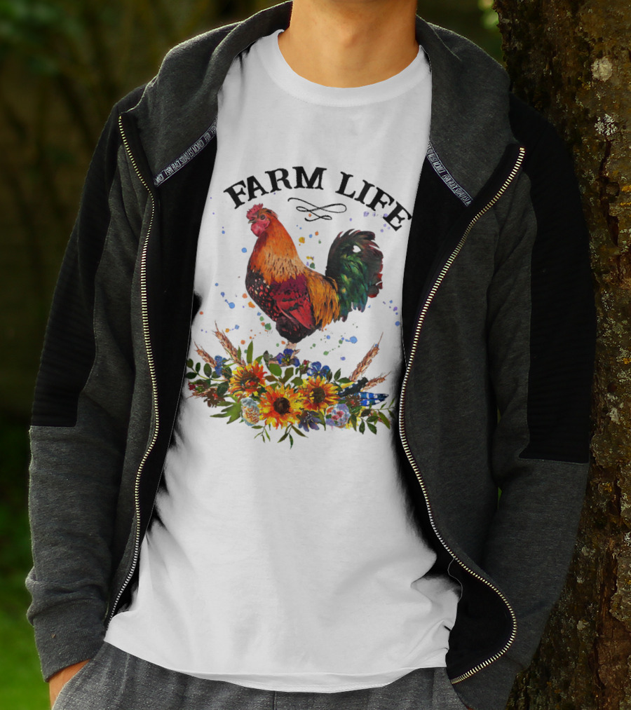Farm Life Chicken Rooter With Colorful Rooster And Floral Arrangement T-Shirt