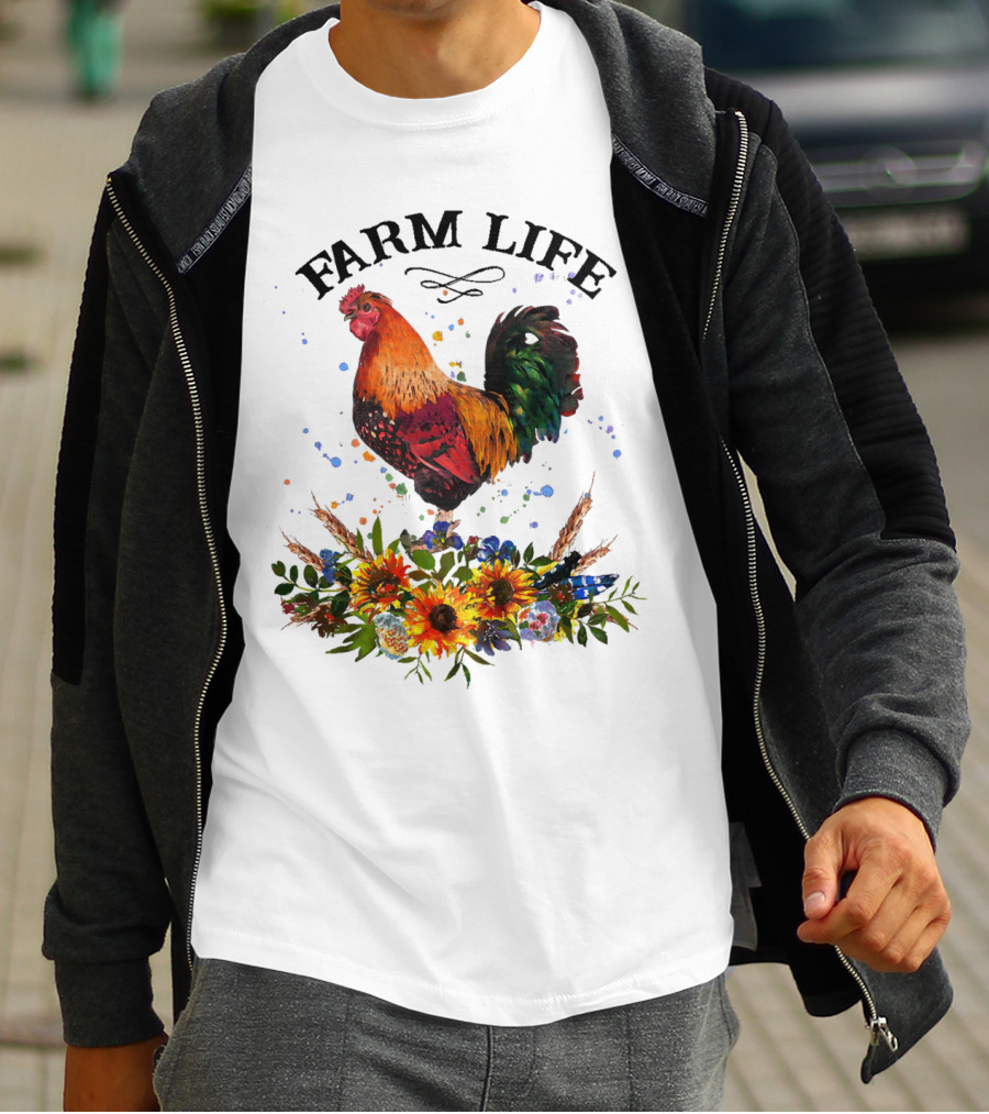 Farm Life Chicken Rooter With Colorful Rooster And Floral Arrangement T-Shirt