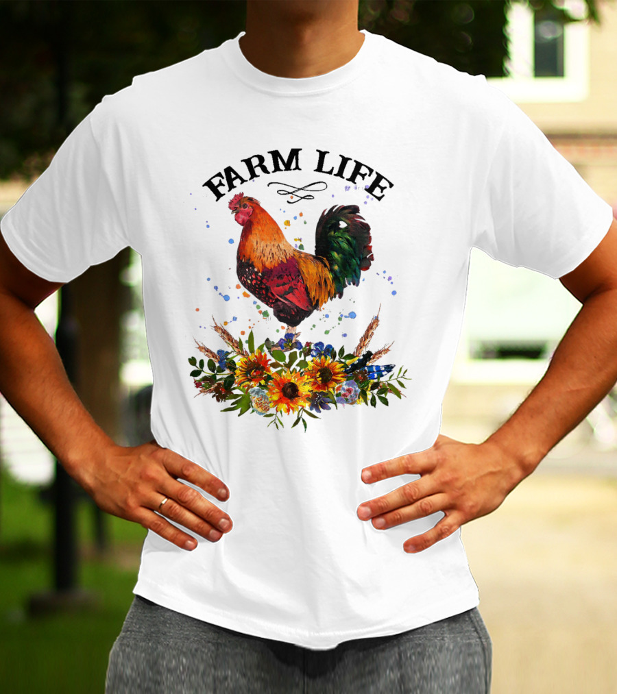 Farm Life Chicken Rooter With Colorful Rooster And Floral Arrangement T-Shirt