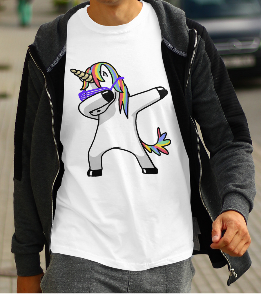 Colorful Rainbow Mane Unicorn In Dabbing Pose With Sunglasses T-Shirt