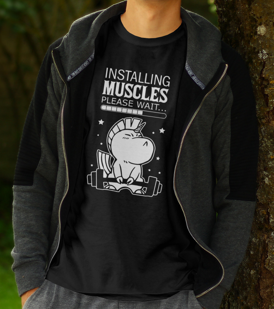 Installing Muscles Please Wait Unicorn Lifting Dumbbells T-Shirt