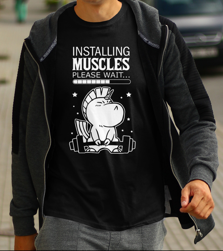 Installing Muscles Please Wait Unicorn Lifting Dumbbells T-Shirt