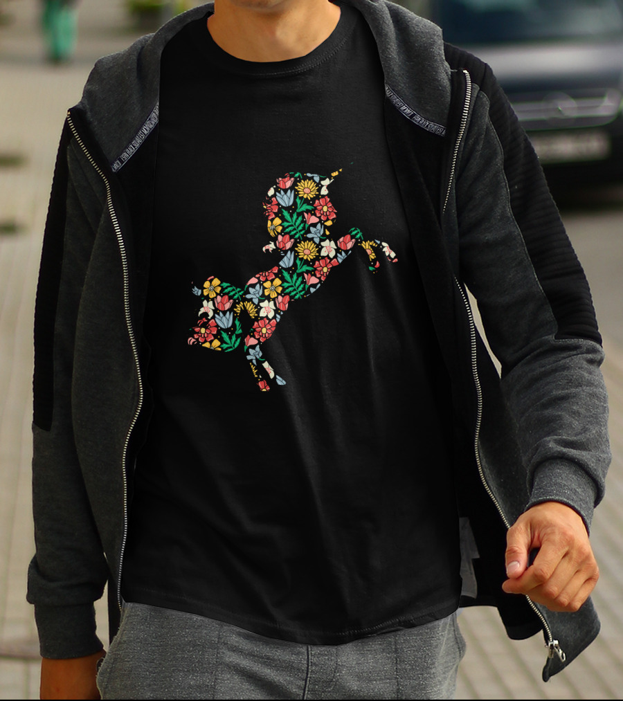 Unicorn Flower Silhouette With Vibrant Floral T-Shirt
