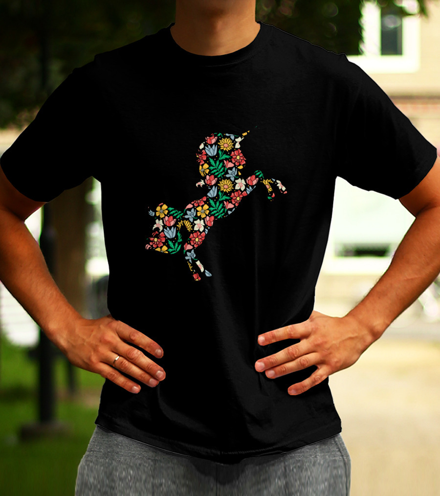 Unicorn Flower Silhouette With Vibrant Floral T-Shirt