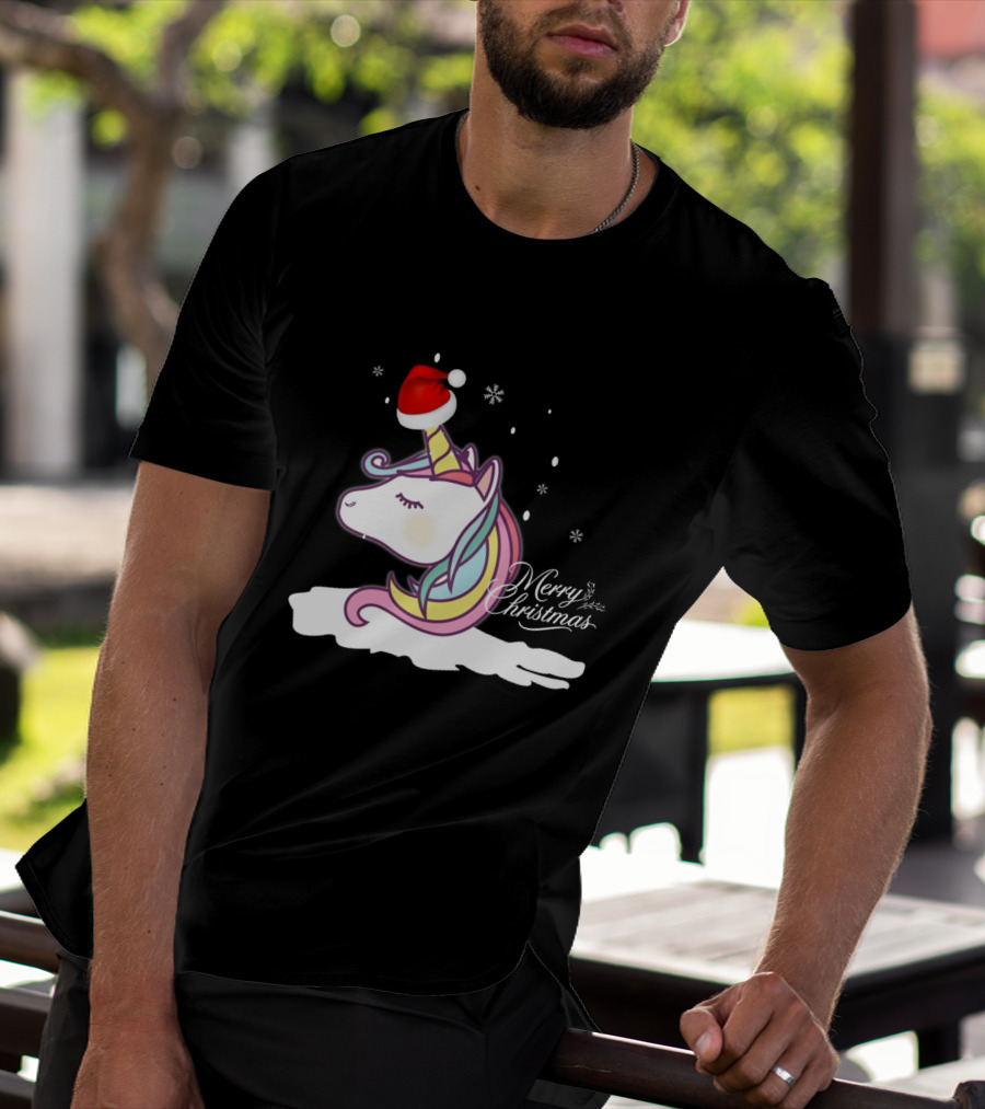 Unicorn Merry Christmas Snowflakes Santa Hat T-Shirt