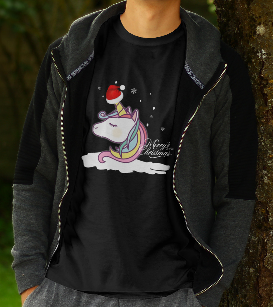 Unicorn Merry Christmas Snowflakes Santa Hat T-Shirt