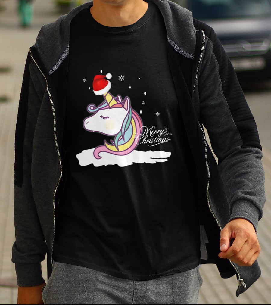 Unicorn Merry Christmas Snowflakes Santa Hat T-Shirt