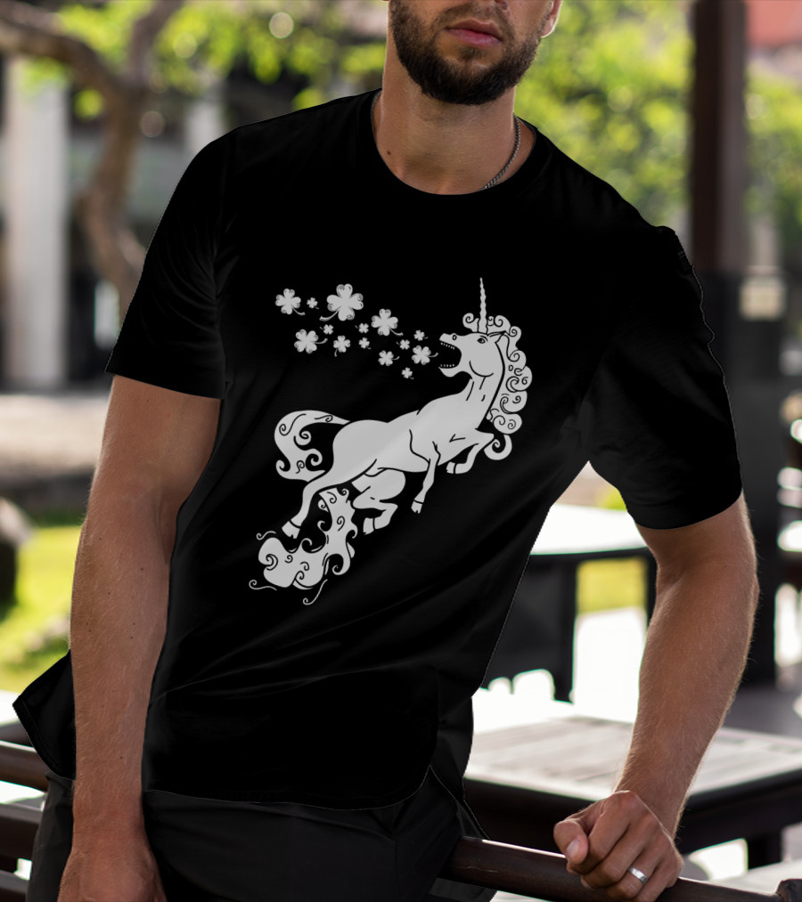 Unicorn Blowing Shamrock Flowers Mystical T-Shirt