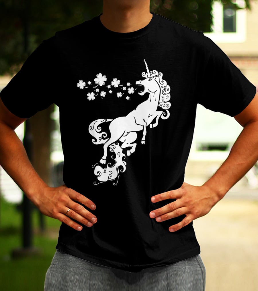 Unicorn Blowing Shamrock Flowers Mystical T-Shirt