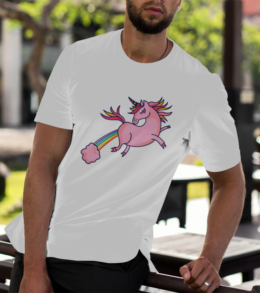 Magical Unicorn With Rainbow Tail And Puffy Clouds T-Shirt